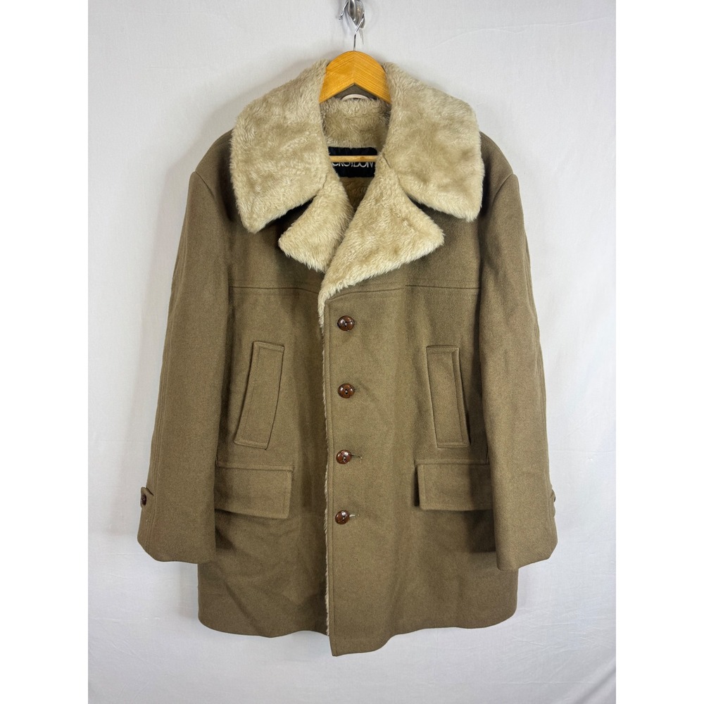 Croydon Vintage 60s Wool Faux Fur Borg Lined Car Coat Brown Mens 44
